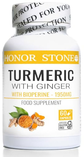 Honor Stone - Turmeric Capsules with Ginger & Black Pepper – 1950mg High Strength 95% Curcuminoids, Curcumin – Joint Support & Inflammation Supplement – Vegan, Gluten Free – 60 Capsules (not Tablets)