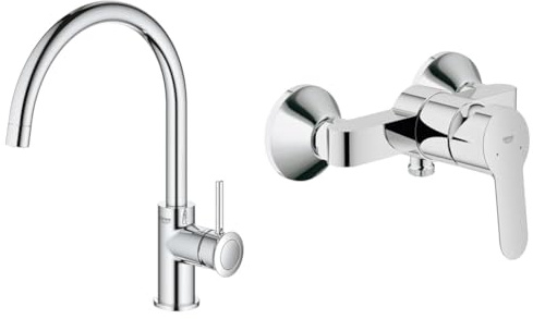 GROHE Start Classic - Einhand- Spültischarmatur & BauEdge - Badewannenarmatur (integriertes Rücklaufventil, automatische Umstellung für Badewanne und Dusche, kratzfest), chrom, 23333000
