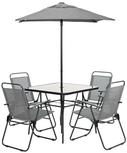 Shally Dogan Set 6 Pezzi da Pranzo per Giardino con Ombrellone, 4 Sedie Pieghevoli e 1 Tavolo con Ripiano in Vetro Temperato, Resistente Raggi UV, Arredamento per Esterno, Patio, Terrazzo (Grigio)
