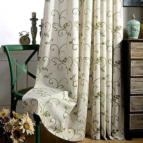 Pencil Pleat Vintage Vine Embroidery Curtains - Semi Shade Simple Elegant for Bedroom & Living Room (Green, 66 x 90 Inch)