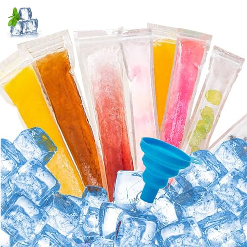 100 Stück Wassereis Tüten, Popsicle-Beutel, Wassereis Formen, BPA-Frei, mit 1 Trichter, DIY Eisformen, für Joghurt, Eisbonbons, Eiscreme, Gastgeschenke (5 x 22 cm)
