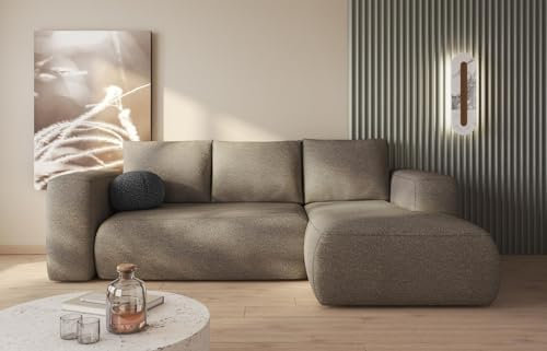 MODERNO Ecksofa mit Schlaffunktion und Bettkasten LAMBI - Sofa mit 3 Sitzen und Robusten Überzug - Schlafcouch L-Form - Modern Couch 266x164x89 cm - Ecke Rechts Grau Beige