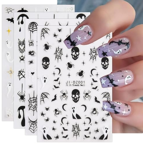 JMEOWIO Nagelsticker Halloween Süßer Geist 4 Blatt Nail Art Sticker Selbstklebend Nagelaufkleber Dekoration Nageldesign Zubehör