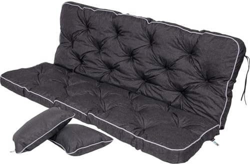 TexDeko® Ecolen Bankauflage mit Rückenlehne Outdoor 180x50x56cm Schwarz | Gartenschaukelkissen für Gartenbank mit Leinenoptik, wasserabweisend, UV-beständig, Polsterauflage mit Paspelrand
