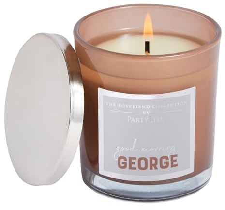 PartyLite George Boyfriend Bougie en pot – Musc du cuir, durée de combustion de 40 à 45 heures, cire blanche de qualité supérieure, cuir, bois de santal, rose, parfum bergamote, pot en verre marron,