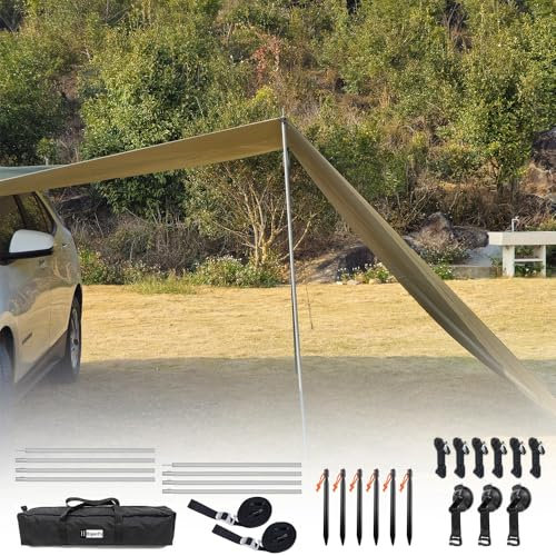 HipierFx Car Awning with Pole 3m x 5m SUV Sun Shelter Outdoor Camping Tarp Waterproof Canopy Shade Hammock Tarp