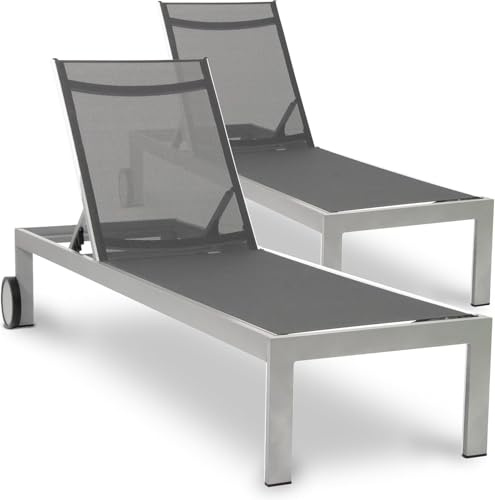 acamp Sonnenliege wetterfest Rimini 2er-Set | Verstellbare Rückenlehne | Aluminium-Gestell mit 2 Rollen | Bezug aus atmungsaktivem Gewebe | Gartenliege mit hohem Liegekomfort | In Platin