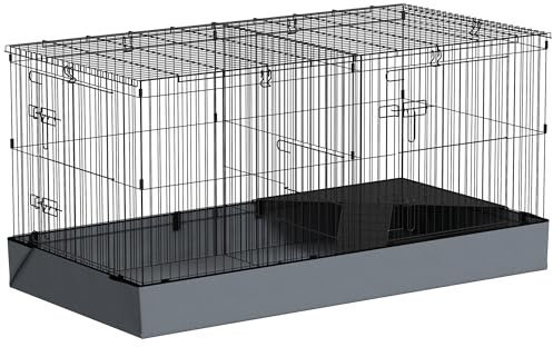 PawHut Kleintierkäfig, Kleintierstall mit Rampe, Trennwand, Nagerkäfig mit abnehmbarem Verdeck, Stoffboden, Kaninchenkäfig für Kleintiere Stahl Schwarz