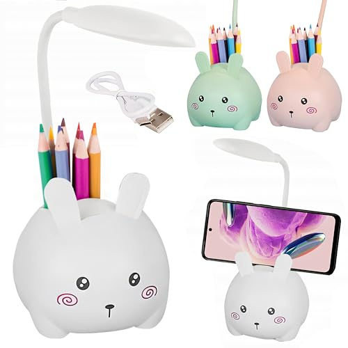 things-4you Lámpara Infantil Conejo Blanco con Portalápices y Soporte Móvil – Luz Nocturna LED Recargable USB-C – Flexo Escritorio Niños y Mesita de Noche