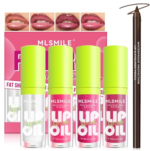 Noerrors 4 Farben Lippenöl und Lippenkonturenstift-Set, lang anhaltende Lippenpflegeöl, großer Pinselkopf feuchtigkeitsspendendes klares rosa glitzerndes transparentes Lipgloss-Kombi-Make-up