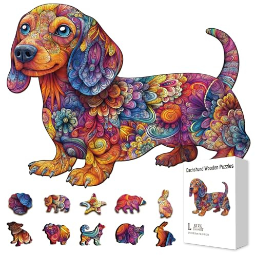 GLOBLELAND 200 Rompecabezas de Madera de Perro Salchicha para Adultos 11.34x11.22 Pulgadas Coloridos Rompecabezas de Madera de Perro con Mandala Regalos de Cumpleaños para Adultos