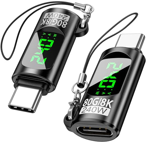 Lot de 2 adaptateurs USB C 240 W - Affichage numérique LED - 80 Gbit/s - Type C mâle vers femelle - Pour iPhone 15/16, MacBook, iPad et autres câbles/appareils USB C