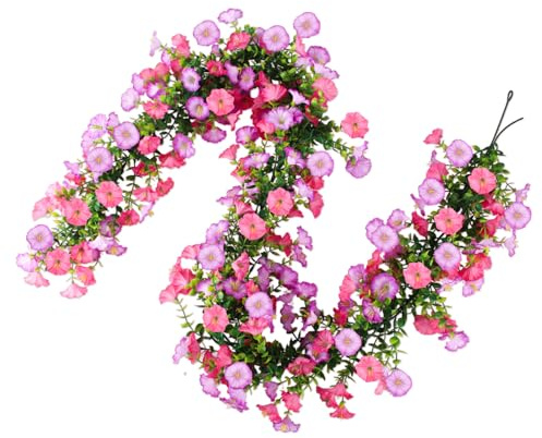 YUE QIN 2 Stück Kunstblumen Draußen Petunien Kunstpflanze Hängend 5.91FT | Türkranz Sommer Künstliche Blumen wie Echt für Hochzeit Indoor Outdoor Garten Wetterfest Deko(Pink & lila)