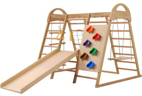 DHMYDPDZ Verbessertes Holz Klettergerüst Indoor–Indoor-Spielplatz,Ausgestattet mit Rutschen, Kletterwänden, Reckstangen,Holz- und Strickleitern sowie Kletterseilschaukeln,für Kinder ab 3 Jahre