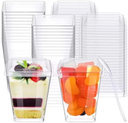 Dessertburkar plast 160 ml/160 ml, 50 stycken dessertkoppar i plast med lock och 50 skedar återanvändbara små plastmuggar dessert för hem desserter mousse tårta yoghurt pudding glassfest