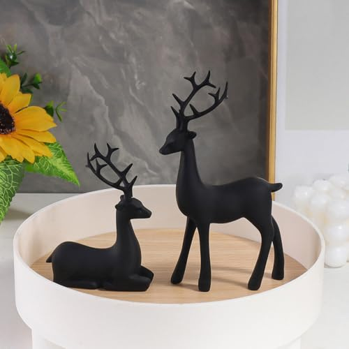 Generisch 2-teilige Rentier-Figuren aus Kunstharz - Dekorative Hirsch-Paare für Wohnzimmer, Regal & Tischdekoration, Winterliche Deko-Skulptur in Goldoptik (15cm)