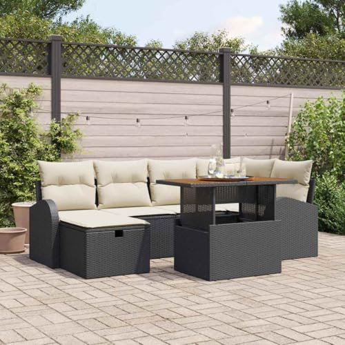 Teenpull Garten-Sofa-Set 7-teilig Schwarz Poly-Rattan, modernes Outdoor-Möbel für Terrasse, Balkon, Akazienholz, langlebiges Lounge-Set