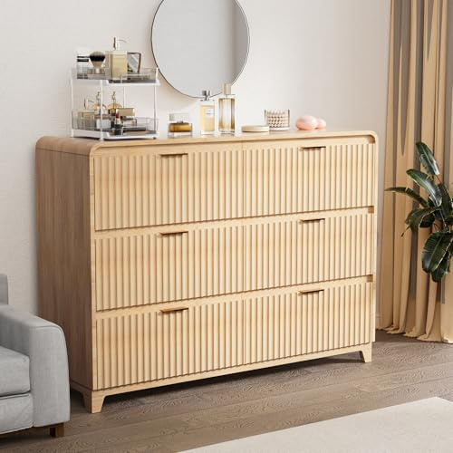 KSOBEBVT 6 Drawer Dresser Natural Oak, Safe Chest of Drawers with Silent Close Slides, Anti-Tipping Device, Easy Assembly,Wide Storage Cabinet for Bedroom,Natural Oak