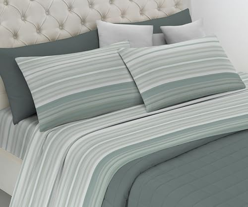 Riad Arredo Set Completo Letto in Flanella 100% Caldo Cotone Antipalline - Completo Lenzuola Morbide - Made In Italy (Stripe Salvia, Singolo)
