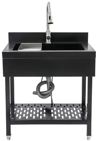 TFGXUE - Fregadero de cocina con grifo extensible, fregadero de acero inoxidable, fregadero exterior, lavabo de jardín, patas ajustables, hasta 150 kg, 70 x 50 x 90 cm, color negro