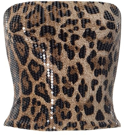 Glitzer Oberteile Damen Leopard Bandeau Top Pailletten Party Shirt Festliche Frauen Glitzeroberteil Silvester Outfit Glitzertop Disco Tube Top
