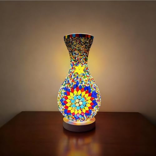 Fespcj Handcrafted Turkish Table Lamp Stained Glass Vase Wood Base for Bedside Reading Coffee Table Centerpiece and Romantic Dinner Lighting Plug-in with Button - USB Plug（5.11in*11in）