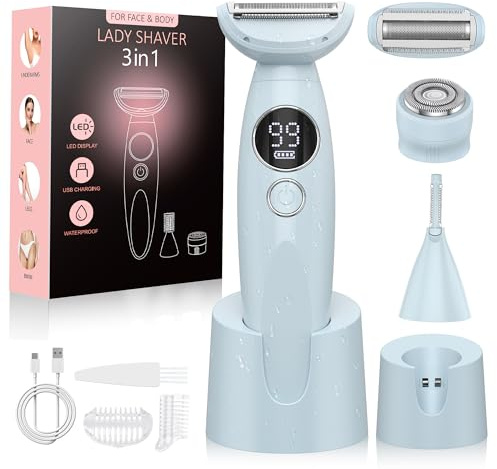 Rasierer Damen,3-In-1 Intimrasierer für Frauen,Gesichtshaarentferner,Damenrasierer Elektrisch Nass-Trockenrasierer Ipx7 Wasserdicht Trimmer Damen,für Bikinizone Achseln Beine,USB-Aufladung,Nebelblau