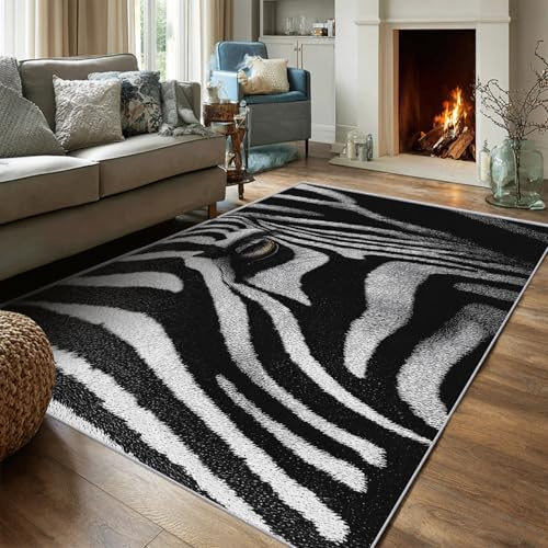 VIXENIUM Zebra Teppich Klein 60 x 90 cm Wohnzimmer Mit Abstrakt Schwarz Weiss Streifen Muster, Zebra Bettvorleger Schlafzimmer Deko, Waschbar Teppiche Gegend Kurzflor rutschfest