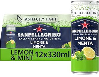 San Pellegrino Italian Sparkling Drinks Tastefully Light Sparkling Lemon & Mint Canned Soft Drink 12 x 330ml, 74 kCals per Can