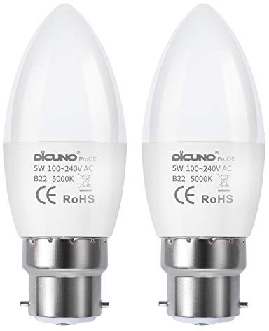 DiCUNO B22 LED Lampe 6W, Warmweiß 3000K, ersetzt 40W Halogen, 350lm, CRI 98 Vollspektrum, kein blaues Licht, C37 Kerzenform, Abstrahlwinkel 270°, ProOE Serie, Flimmerfrei, nicht dimmbar, 2er Pack