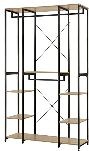 WOLTU Kleiderschrank offen Kleiderständer Garderobenständer für Schlafzimmer, Einfache Montage, Metal Kleiderstange mit Ablagen Hell Eiche+Schwarz