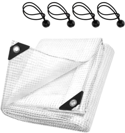 Clear Reinforced Heavy‑Duty Tarpaulin 100 GSM with 4 Ball Bungees - 5 x 6 m Leno Transparent Tarp Sheet with Mesh Support, Reinforced Edges - Waterproof, UV‑Resistant Cover for Camping, Greenhouse