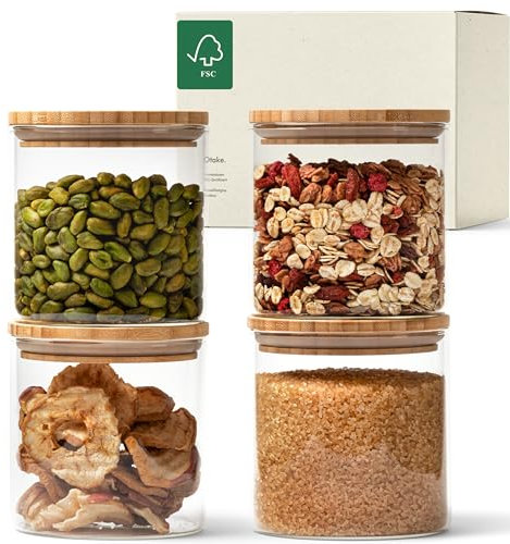 KIVY Barattoli Vetro Ermetici [4x 600ml] - Barattolo Vetro con Coperchio - Barattolo Sale Zucchero Caffè - Barattoli Cucina in Bambù - Contenitore Sale - Porta Pasta con Coperchio