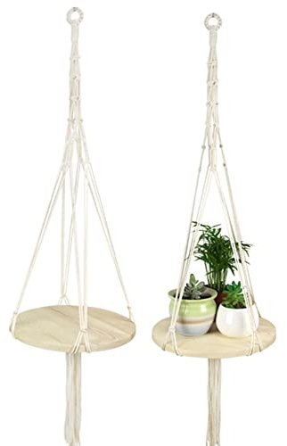 BYNYXI Blumenampel Makramee, Baumwollseil Hängeampel Geflochten Pflanzenhänger mit Holzregal Blumenhänger Pflanzen Halter Hängepflanze Pflanzhänger für Innen Außen Balkone Wanddekoration, Länge 120cm