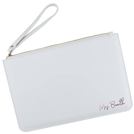 eBuyGB Personalised Mrs Clutch Bag for Bride to Be, New Married Name, Bridal Clutch Bag, Bride Handbag, Wedding Day Bag, Honeymoon, Hen Party Gift (White)