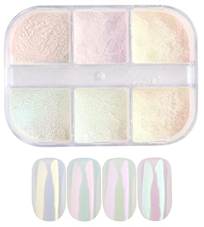 OTKARXUS Chrom-Nagelpulver, 6 Fächer, Aurora-Pulver für Nägel, Muschelpulver, Spiegeleffekt, Nagelpulver für DIY, Nagelkunst, Dekoration, Pigment, Körper, Gesichtsdekoration, Mehrfarbig