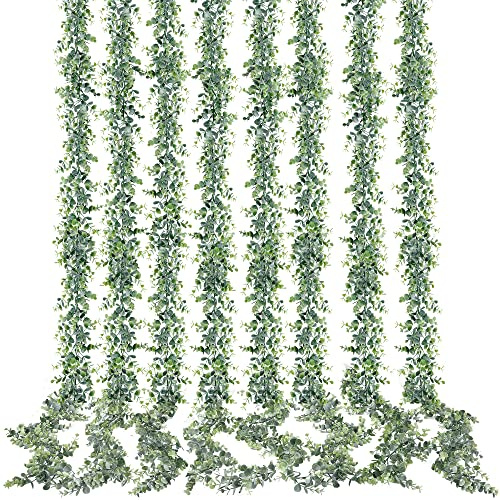 Sggvecsy Artificial Eucalyptus Garland 8 Pack Fake Eucalyptus Greenery Garland Faux Hanging Plants Artificial Vines, 5.6 Feet/Strand for Wedding Backdrop Arch Wall Table Party Outdoor Festival Decor
