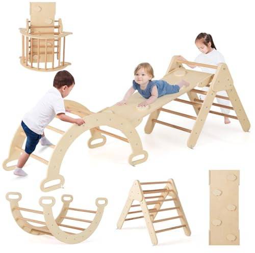 COSTWAY 7 en 1 Triángulo de Escalada de Madera para Niños, Juego de Escalada con Triángulo/Arco/Rampa para Deslizarse o Escalar, Set de Escalada Montessori para Niños 1+ Año, Natural (Ancho 55cm)
