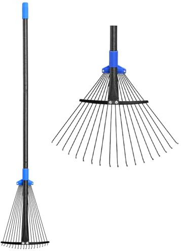 Adjustable Metal Leaf Rake Long Handle, Garden Rakes for Lawns Heavy Duty Leaves with Expandable Head 8-17, Yard Women Kids Rake for Gardening RV Camping