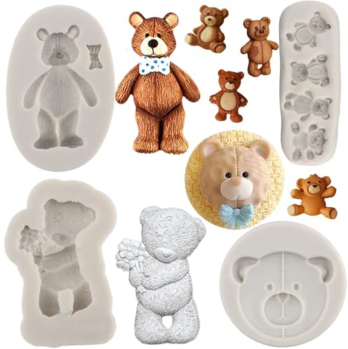 MYPRACS 4 Stuks Bär Silikon Fondant Formen Bär Schokoladeformen | Kuchen dekorieren Cupcake Topper Polymer Ton Süßigkeiten Schokolade Gummi Paste