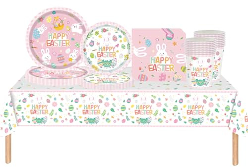 69 piezas de vajilla de fiesta de Pascua con conejito y huevo, juego de vajilla desechable para decoraciones de Pascua para la mesa, mantel de plástico para Pascua, platos de papel, tazas y