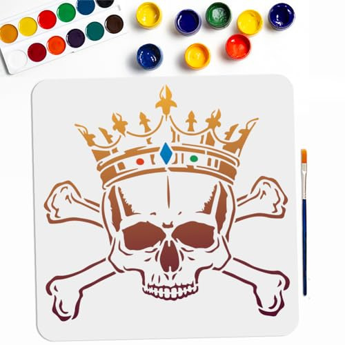 MAYJOYDIY Kronen Totenkopf Schablone 30 × 30cm Halloween Gekreuzten Knochen Malen Schablonen Mit Malpinsel Wiederverwendbare Gruselige Skelett Malschablonen Für Holz Leinwand Papier Stoff Wand