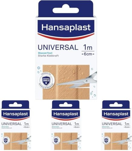 Hansaplast Universal Pflaster 4er-Set (1 m x 6 cm), schmutz- und wasserabweisende Wundpflaster, zuschneidbare Pflasterrolle mit starker Klebkraft & Bacteria Shield