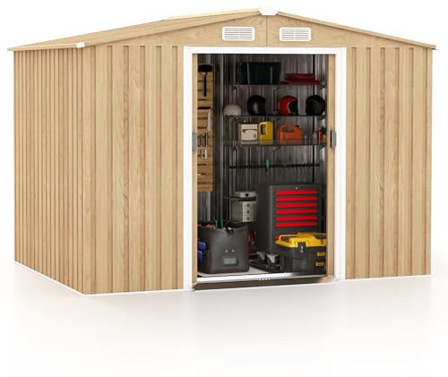 RELAX4LIFE Casetta da Giardino per Attrezzi, in Lamiera d'Acciaio e e Lamiera Zincata con Fondazione, Doppie Porte Scorrevoli, Rampa, 4 Fori di Ventilazione e 4 Guanti Inclusi (259 x 196 x 184 cm)