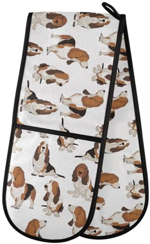 ZZXXB Basset Hound Dog Double Oven Mitt Heat Resistant Non-Slip Kitchen Gloves Extra Long 7 x 35 for Cooking Baking Barbecue Grilling