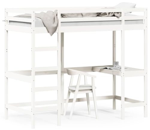 Tidyard Hochbett mit Schreibtisch Stockbett Etagenbett Multifunktionsbett Einzelbett Spielbett Kinderhochbett Jugendhochbett Weiß 100x200 cm Massivholz Kiefer