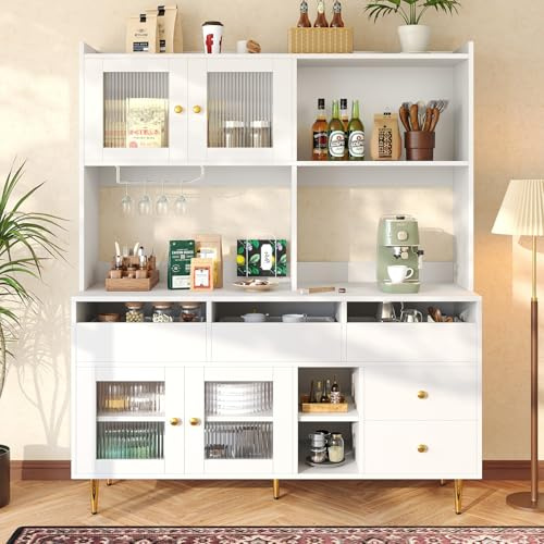 DRIXNO Restaurant-Hochschrank (145x39 x171 cm), Changhong-Glastür, Weinglasregal, Mehrschichtigem Stauraum, Weiß und Golddekoration, Geeignet für Restaurants