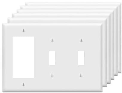Placa de pared combinada de interruptor de luz de doble palanca/interruptor basculante individual, placa de cubierta eléctrica de 3 bandas, placa frontal termoplástica irrompible, color blanco