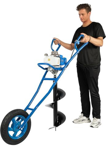 HuKaiL 2-Takt Gasbetriebener Erdbohrer mit Handwagen, 63CC 8800±300rpm Erdbohrer Benzin Einzylinder luftgekühlt mit 1.3L Kraftstofftank für Ø 60-300mm Bohrer, Erdlochbohrer für Bauwesen