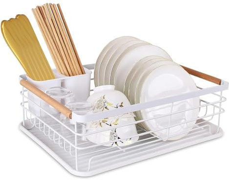 ATEK Dish Drainer Rack with Drip Tray & Wooden Handle, Counter Organiser | Modern Design, Sink Drainer Rack for Pots Plate Cutlery, Draining Board, Easy Assemble
